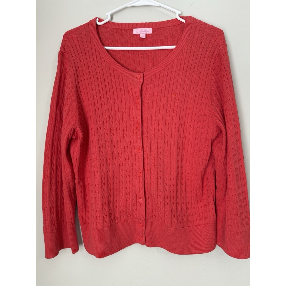 Lilly Pulitzer Cable Knit Cardigan Sweater Orange Cotton XL Coastal Beach Preppy